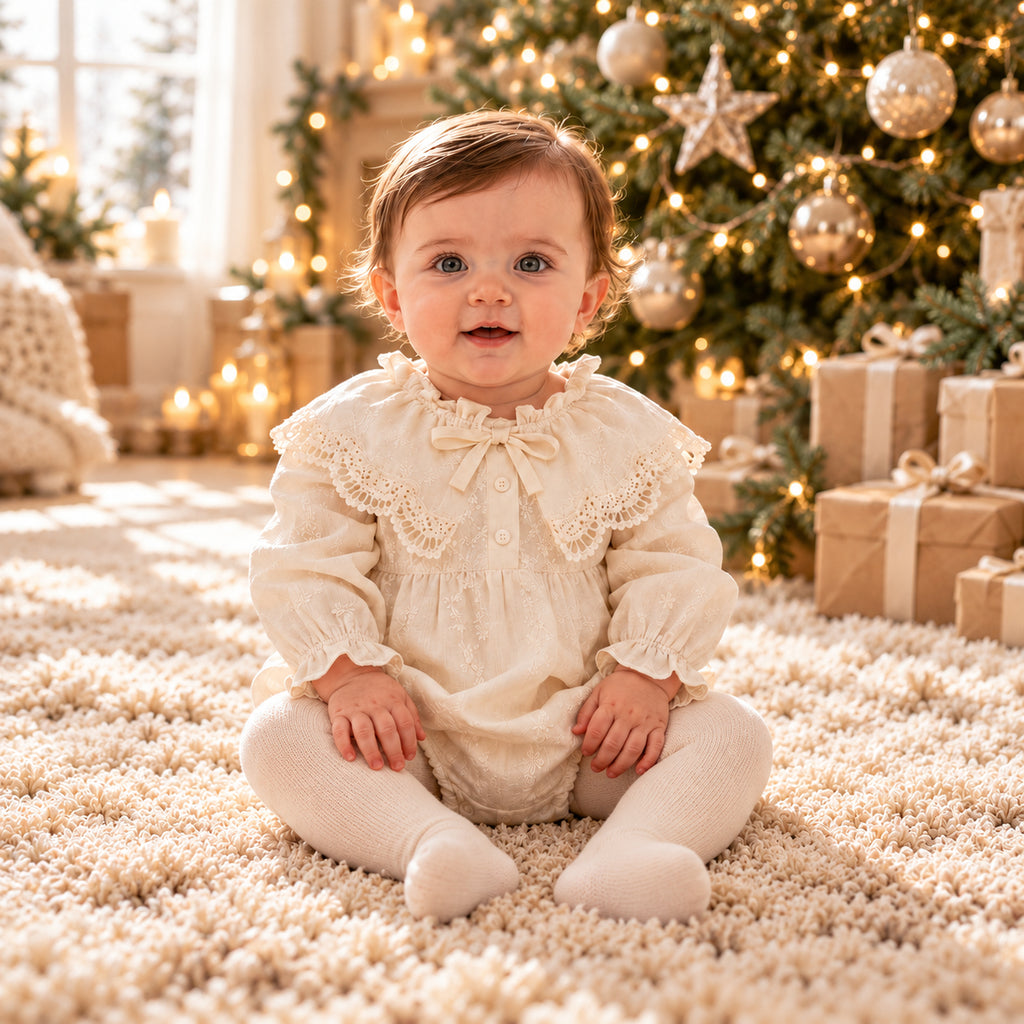 Bébé en barboteuse ivoire Etika Paris devant le sapin pour son premier Noël (collants non inclus)