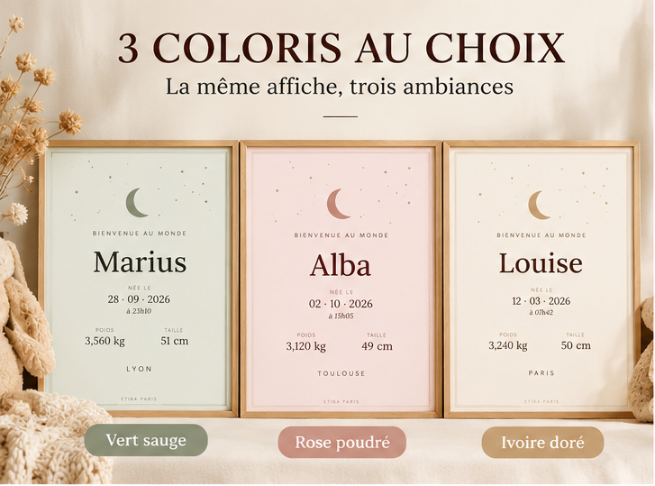 Affiche de naissance Etika Paris : trois coloris au choix, vert sauge, rose poudré, ivoire doré