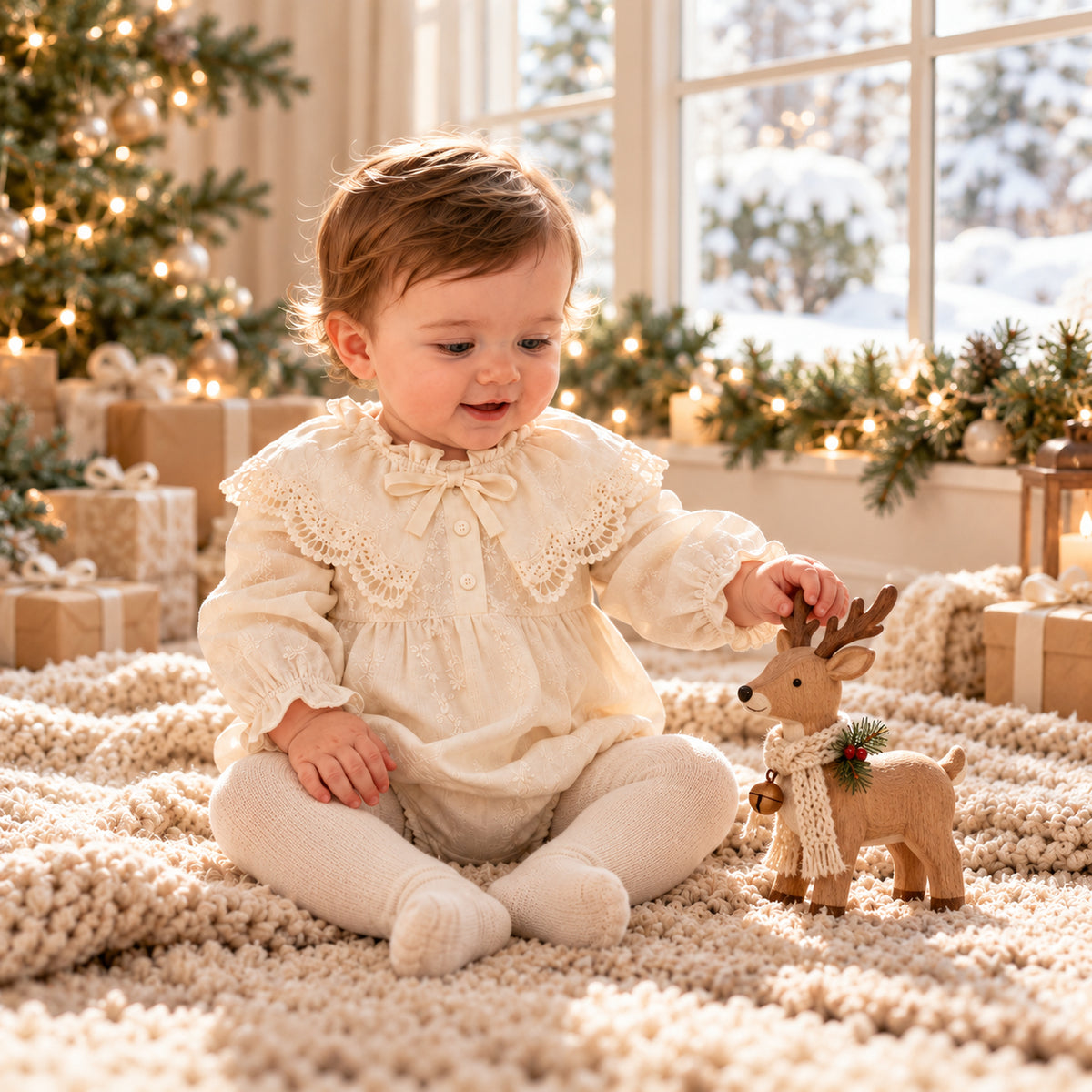 Bébé en barboteuse de fête Etika Paris jouant avec un renne près de la fenêtre enneigée (collants non inclus)