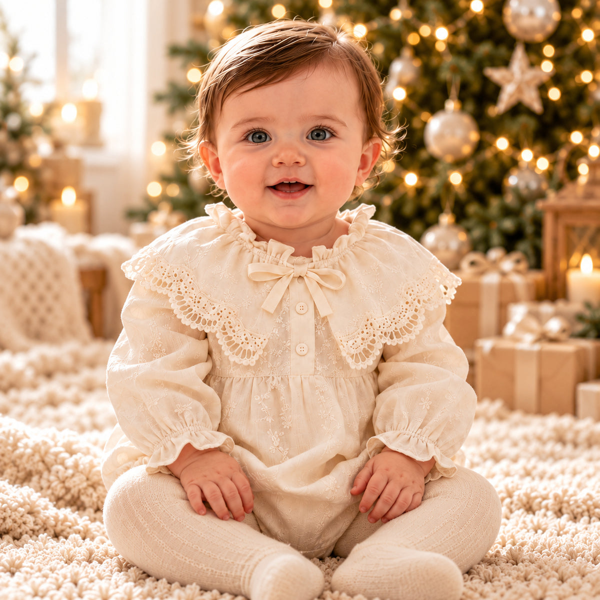 Col en dentelle et nœud de la barboteuse Etika Paris portée pour Noël (collants non inclus)
