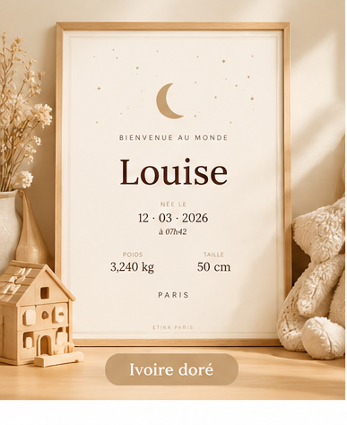 Affiche de naissance coloris ivoire doré encadrée