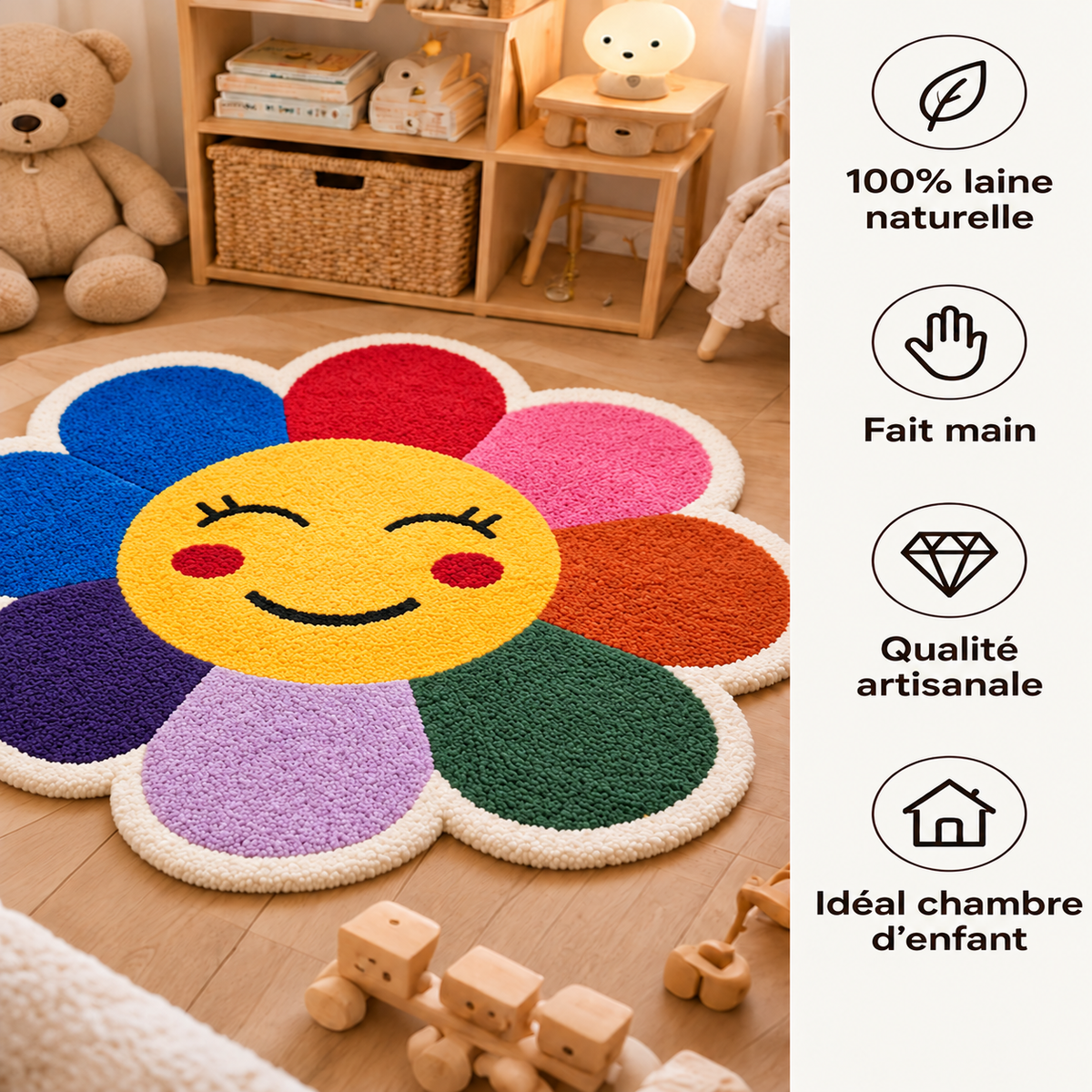 Vif – tapis fleur arc-en-ciel au pied du lit