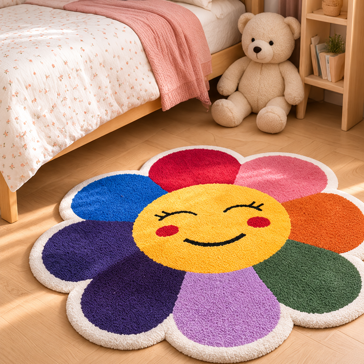 Vif – tapis fleur arc-en-ciel dans une chambre d'enfant, 100 % laine, fait main