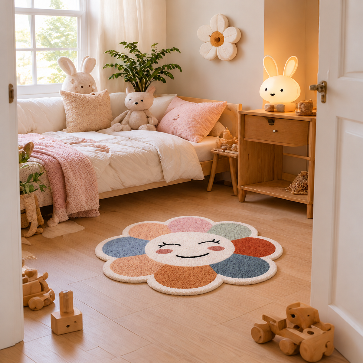 Pastel – tapis fleur dans une chambre de bébé