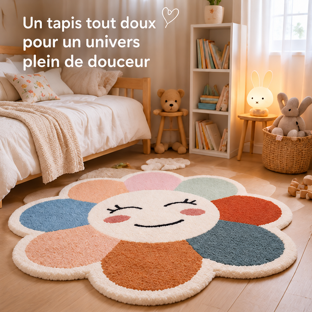 Pastel – tapis fleur en laine dans une chambre d'enfant, 100 % laine, fait main