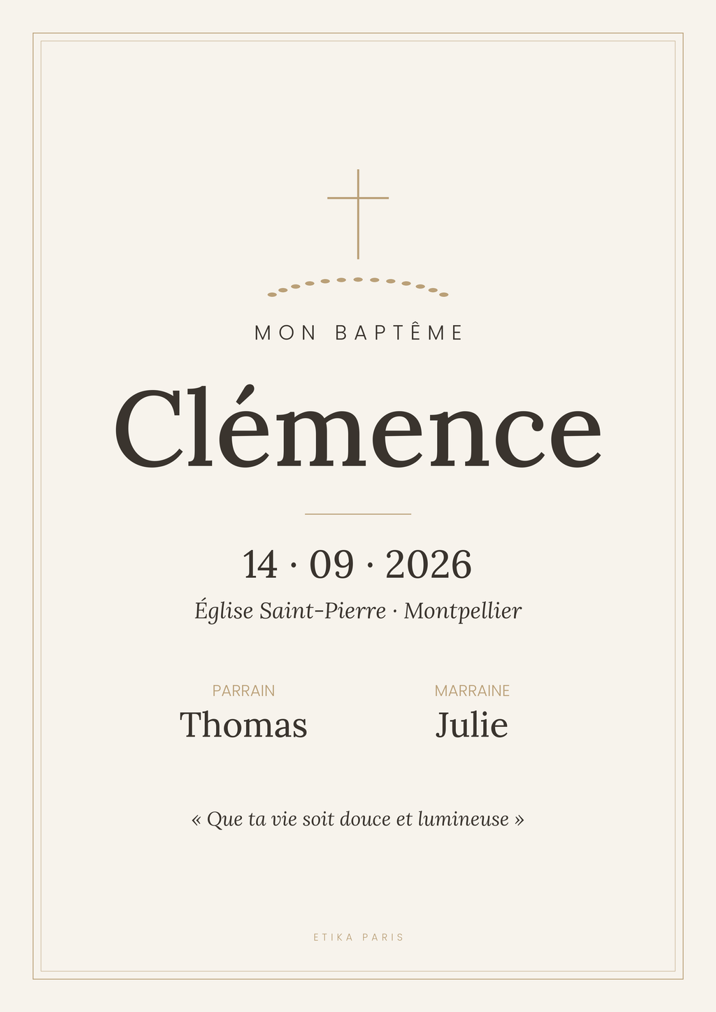 Affiche de baptême personnalisée Etika Paris : prénom, date, lieu, parrain et marraine