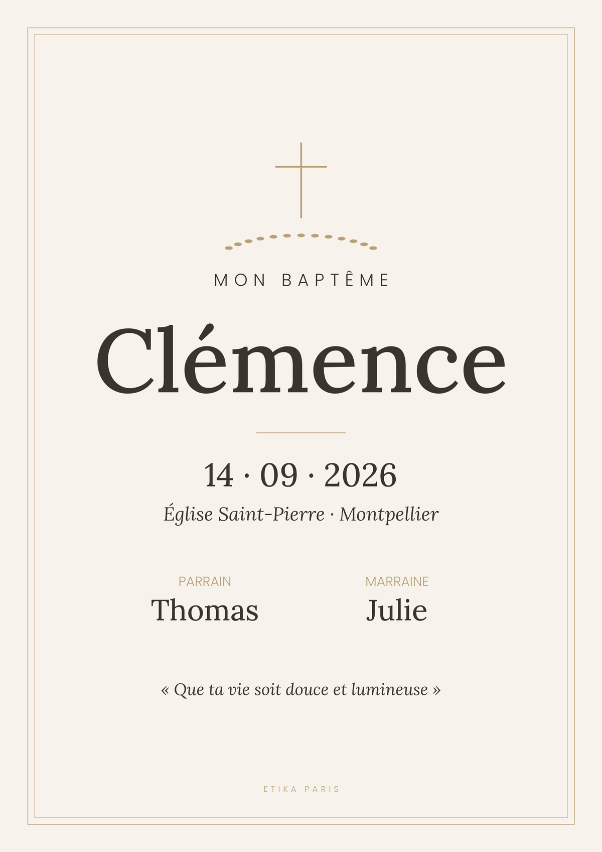 Affiche de baptême personnalisée Etika Paris : prénom, date, lieu, parrain et marraine