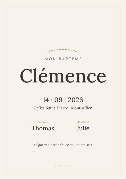 Affiche de baptême personnalisée Etika Paris : prénom, date, lieu, parrain et marraine