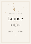 Affiche de naissance personnalisée Etika Paris, coloris ivoire : lune, étoiles, prénom, date, heure, poids, taille, ville