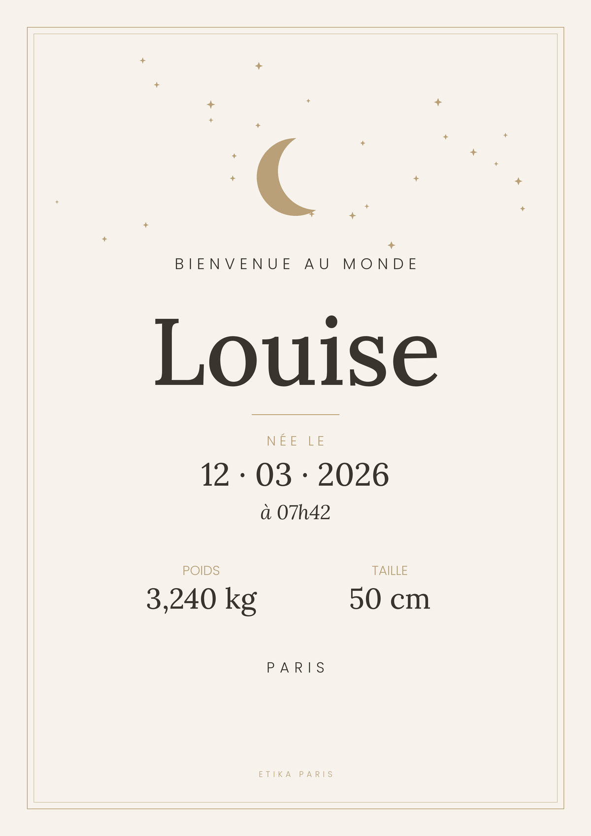 Affiche de naissance personnalisée Etika Paris, coloris ivoire : lune, étoiles, prénom, date, heure, poids, taille, ville