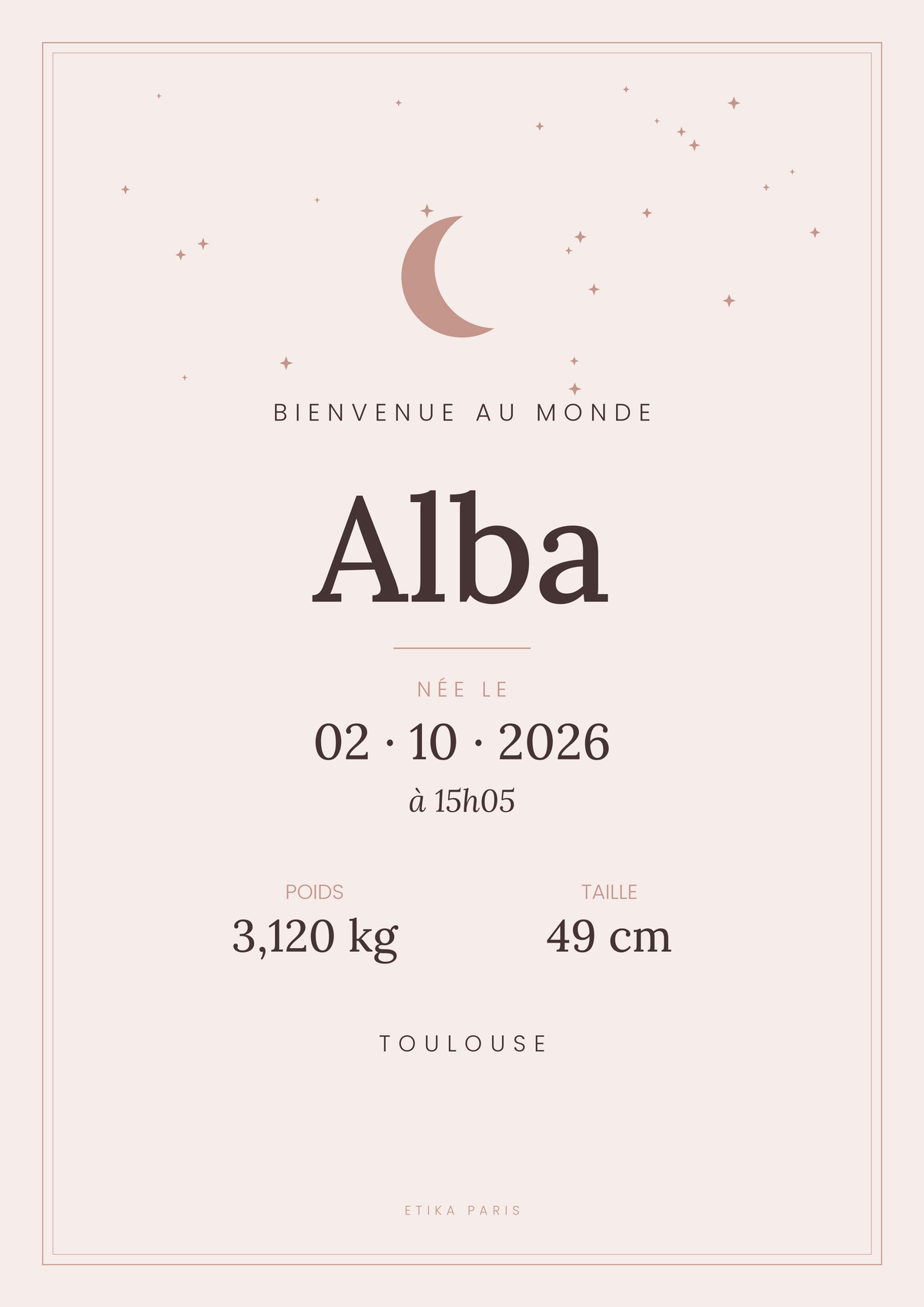 Affiche de naissance personnalisée Etika Paris, coloris rose poudré
