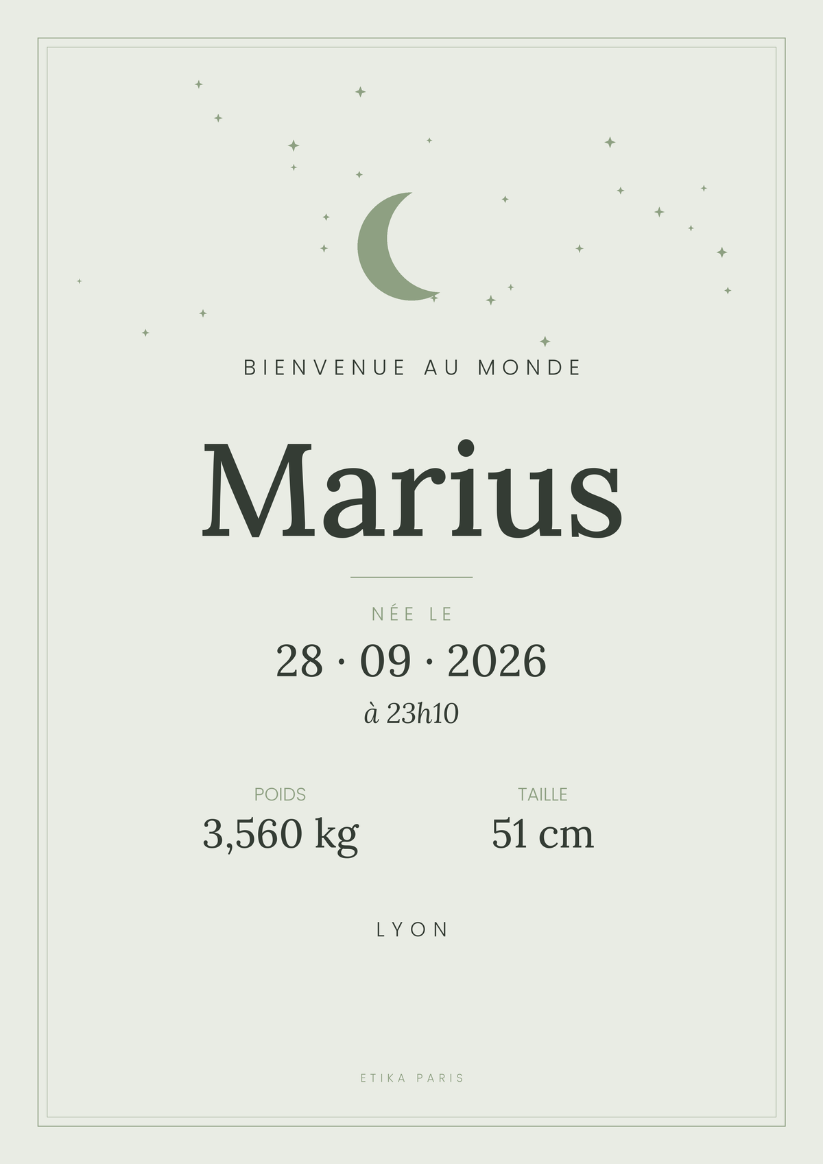 Affiche de naissance personnalisée Etika Paris, coloris sauge