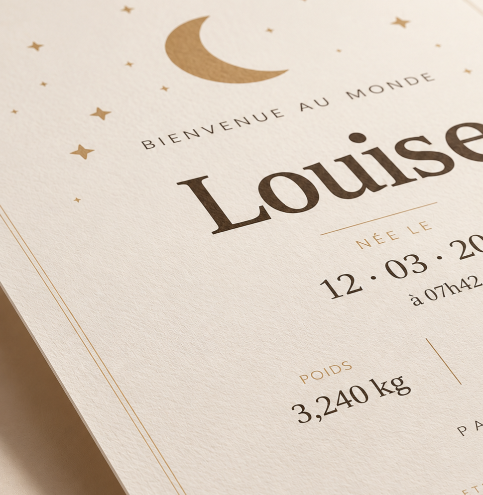 Détail de l'affiche de naissance imprimée sur papier mat premium : lune, étoiles et prénom