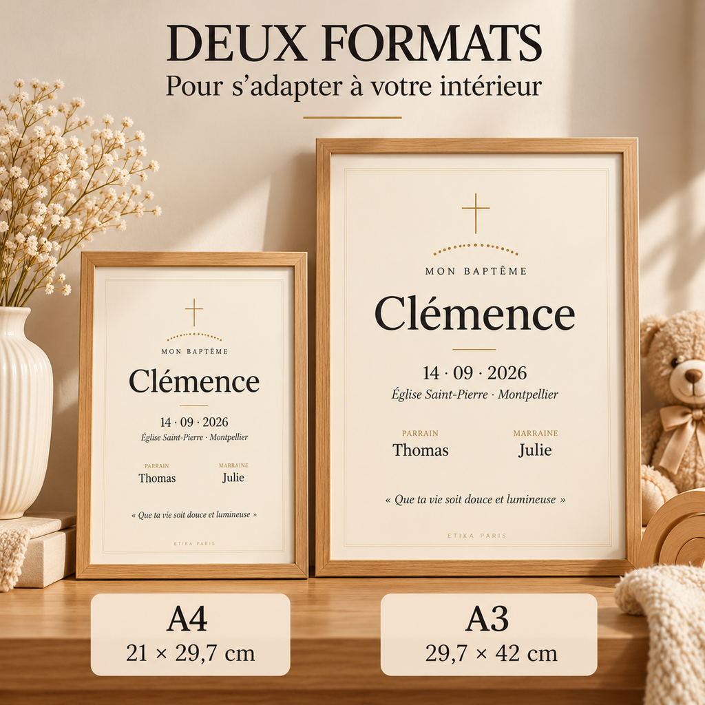 Affiche de baptême personnalisée – prénom, date, lieu, parrain & marraine