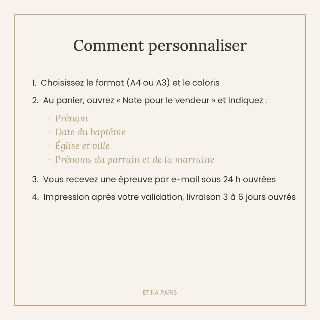 Affiche de baptême personnalisée – prénom, date, lieu, parrain & marraine