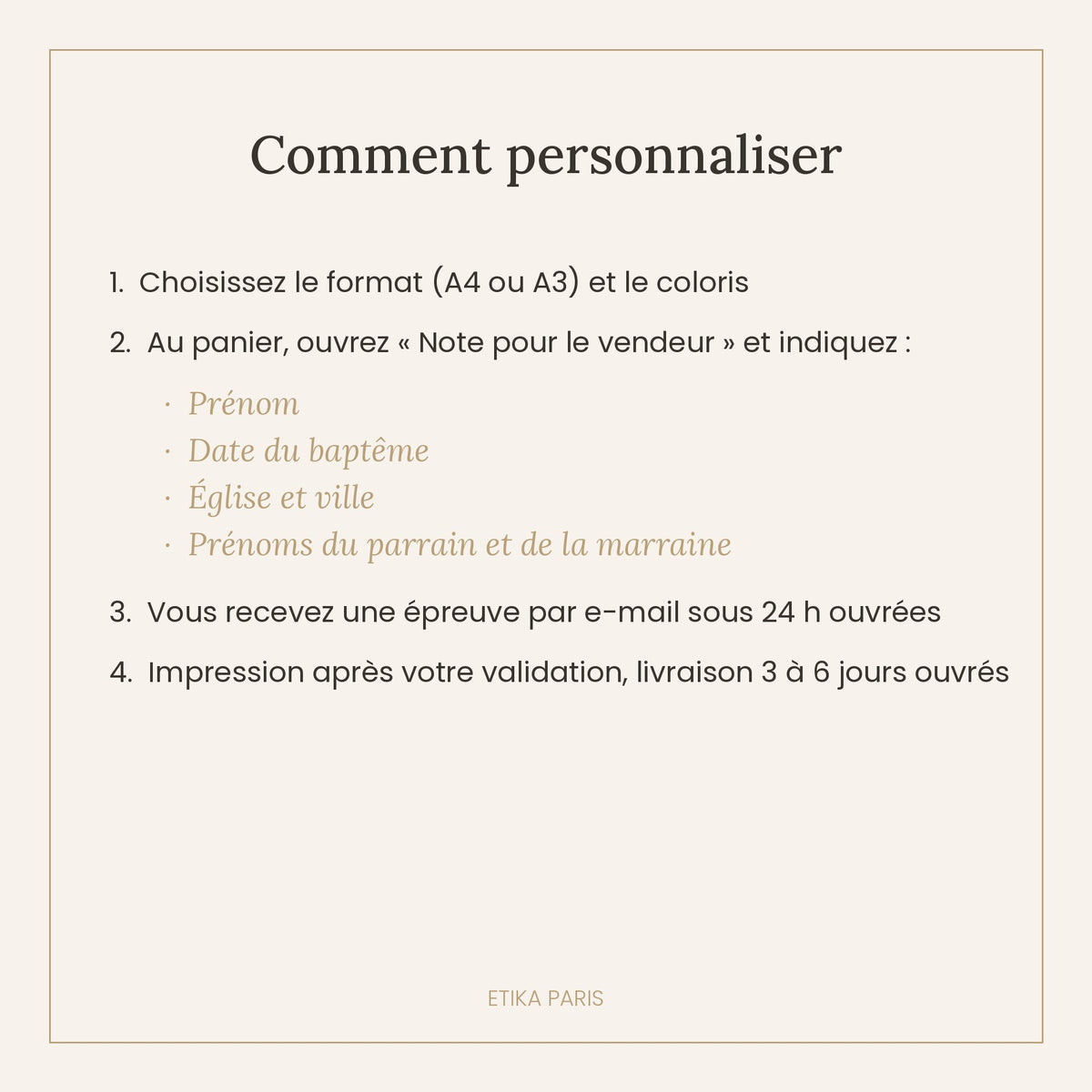 Affiche de baptême personnalisée – prénom, date, lieu, parrain & marraine