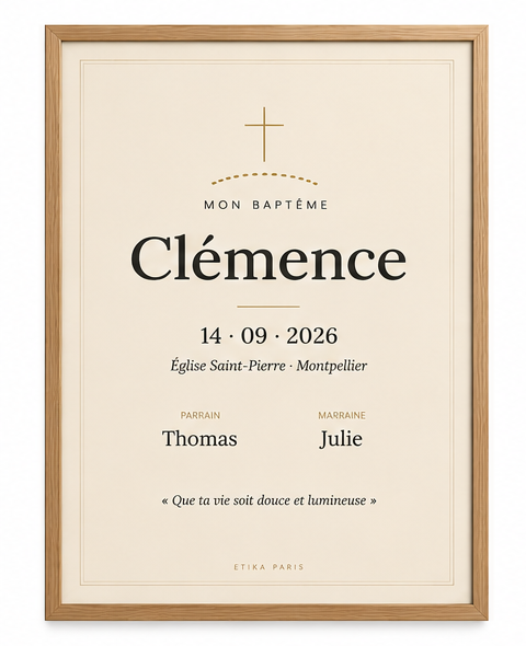 Affiche de baptême personnalisée – prénom, date, lieu, parrain & marraine