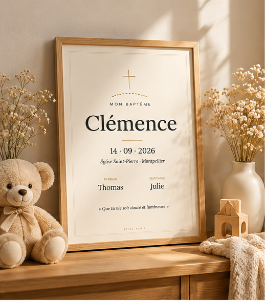 Affiche de baptême personnalisée – prénom, date, lieu, parrain & marraine