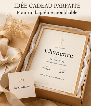 Affiche de baptême personnalisée – prénom, date, lieu, parrain & marraine