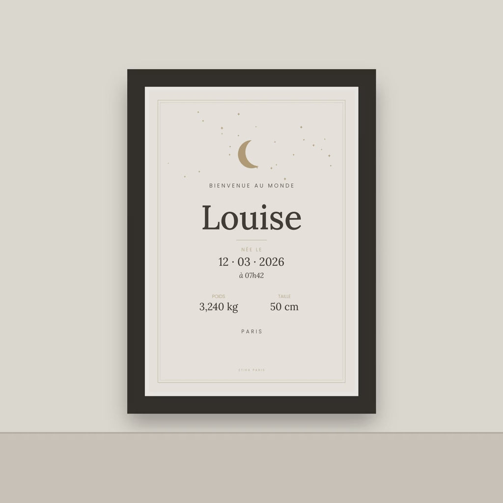Affiche de naissance personnalisée – Lune & étoiles (prénom, date, poids, taille)