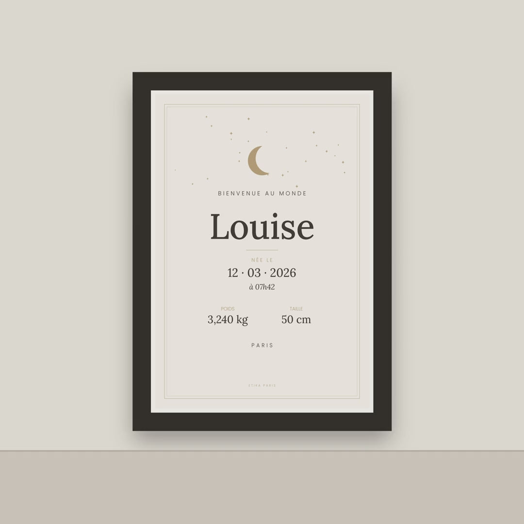 Affiche de naissance personnalisée – Lune & étoiles (prénom, date, poids, taille)
